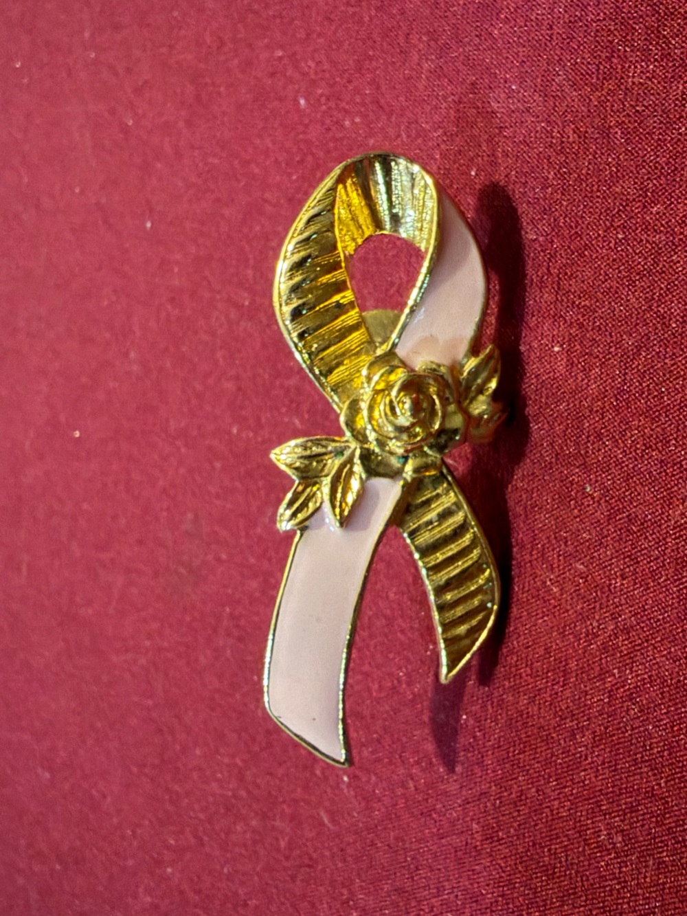 Vintage Gold Tone Pink Enamel Ribbon Rose Brooch Pin